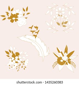 Golden flowers and feathers, illustration. Vector elements that can be used both on the web or in print
