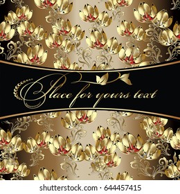 Golden flowers floral  pattern background. Baroque style ornaments with  3d gold  flowers Vector surface gold  endless 3d texture. Template for invitation and greeting cards design. Place for text