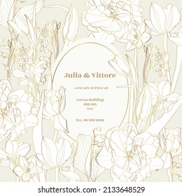 Golden flowers, leaves and herbs Background Illustration. Spring line flowers frame.  Exotic hawaiian jungle, summer time border frame. 