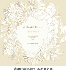 Golden flowers, leaves and herbs card template. Background Illustration. Tropical line flowers frame.  Exotic hawaiian jungle, summer time border frame. 