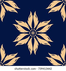 Golden flowers on blue background. Seamless pattern for textile and wallpapers