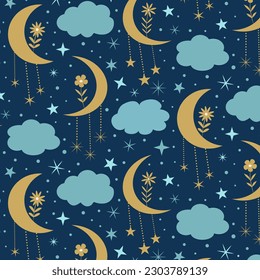 Golden flowers on boho Moon seamless pattern with clouds and stars on dark blue background. For fabric, bedding, textile and wallpaper 