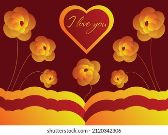 Golden flowers on a red background and a heart with the words "I love you". St. Valentine's Day.