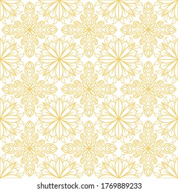 Golden flowers on a white background, arabic tile, oriental mosaic.