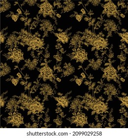 Golden flowers pattern, Golden seamless hand-drawing floral background with flower amaryllis. template design luxury packaging, textile, paper. Golden branch, leaves, flowers on black background.