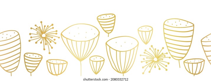 Golden flowers seamless border. Modern horizontal doodle line art pattern decorative metallic gold foil florals. Vector sketch illustration isolated on white background. Elegant border, footer, decor.