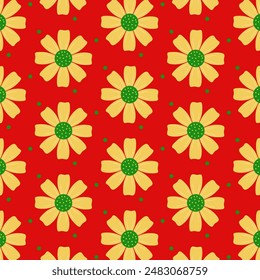 Golden flowers seamless pattern isolated on red background.Christmas repeat pattern.Chinese new year wallpaper.Vector graphic illustration.