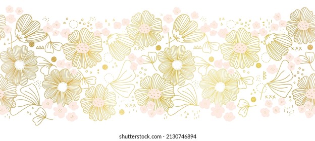 Golden flowers seamless vector border. Horizontal repeating metallic gold foil floral doodle pattern on white. Use for elegant summer decor, party invite, celebration, footer, header.