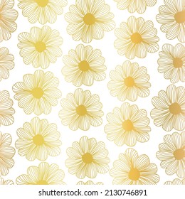 Flores doradas patrón vectorial sin fisuras. Fondo de doodle floral de lámina de oro metálico repetitivo sobre blanco. Uso para tela elegante, envoltura, papel pintado, envoltura de regalo, decoración de verano, fiesta, celebración.