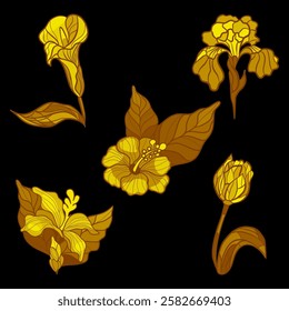 Golden flowers in stained glass window technique vector illustration 