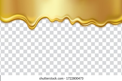 Golden flowing liquid texture, isolated on transparent background. Gold honey, syrup, oil, paint or metal dripping, 3D realistic vector illustration