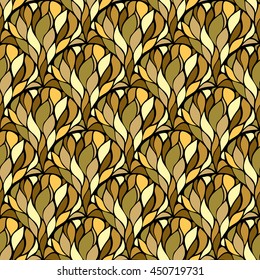 Golden flowing seamless pattern. Repeatable decorative ornament gold colors. Abstract drops elements fishscale layout. Vector illustration.