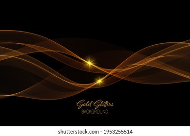 Oro fluyendo ondas vectoriales elegantes sobre un fondo oscuro, elemento de diseño