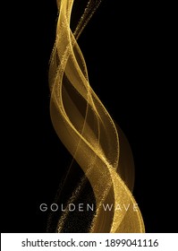 Golden flowing wave with sequins glitter dust isolated on black background. Vector illustration EPS10