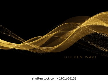 Golden flowing wave with sequins glitter dust isolated on black background. Vector illustration EPS10