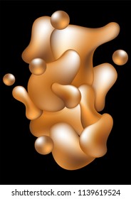 Golden fluid shape on black background. Vertical card. Gold and black vector abstraction. Golden fluid composition for wallpaper. Plastic 3d object cover design. Futuristic poster. Liquid gold drop