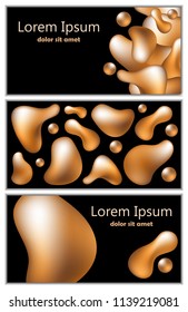 Golden fluid shapes on black background. Trendy 3d vector cover templates. Set of modern banner or flyer with text place. Abstract golden fluid objects composition.Precious metal backdrop. Luxury card