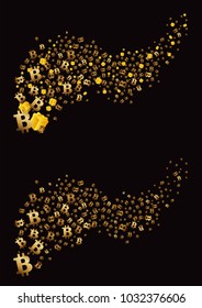 Golden flying bitcoins and gifts on a black background. Vector illustration