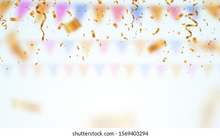 Golden flying blur confetti with empty space on light background . Falling down ticker tapes with blurred motion effect vector illustration.