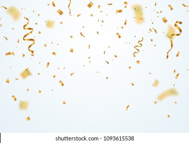 Golden flying blur confetti with motion effect on light white background . Template for Holiday vector illustration