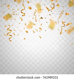 Golden flying blur confetti on transparent background . Template for Holiday vector illustration