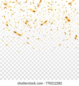 Golden flying blur confetti on transparent background . Template for Holiday design Christmas, New Year, Birthday, Valentine’s Day. Vector illustration for gift vouchers, special offers, big sale.