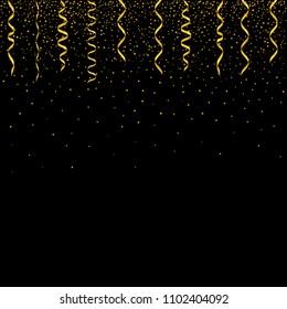Golden flying confetti background. Festive ribbons holiday background