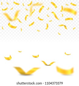 Golden flying confetti background. Festive ribbons holiday background