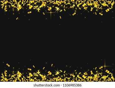 Golden flying confetti background. Festive ribbons holiday background
