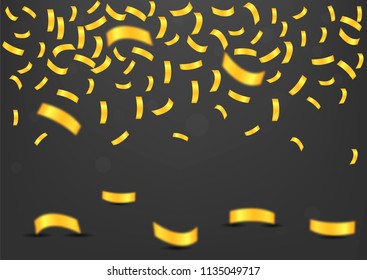 Golden flying confetti background. Festive ribbons holiday background