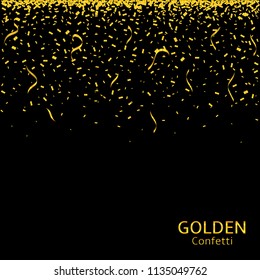 Golden flying confetti background. Festive ribbons holiday background