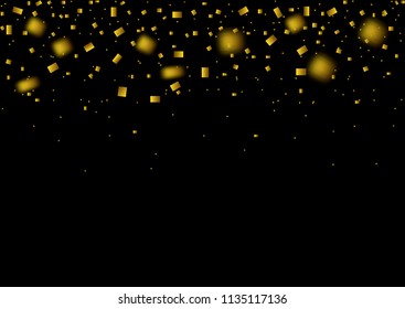 Golden flying confetti background. Festive ribbons holiday background