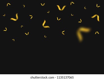 Golden flying confetti background. Festive ribbons holiday background