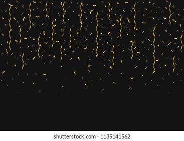 Golden flying confetti background. Festive ribbons holiday background