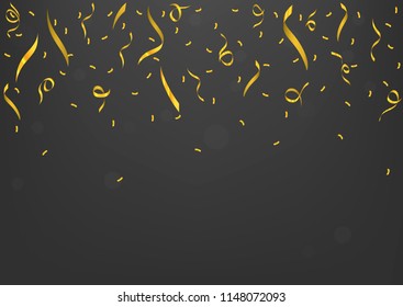 Golden flying confetti background. Festive ribbons holiday background