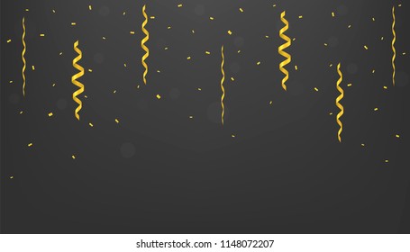 Golden flying confetti background. Festive ribbons holiday background