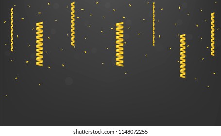 Golden flying confetti background. Festive ribbons holiday background