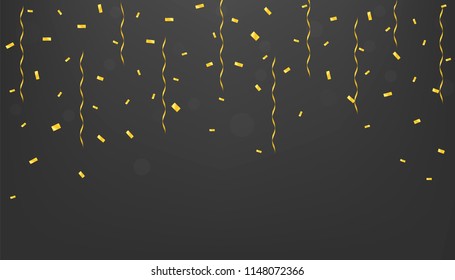 Golden flying confetti background. Festive ribbons holiday background