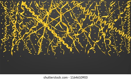 Golden flying confetti background. Festive ribbons holiday background