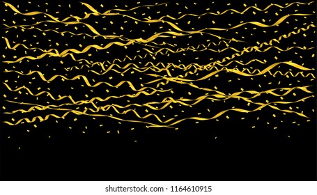 Golden flying confetti background. Festive ribbons holiday background
