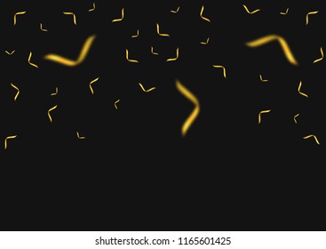 Golden flying confetti background. Festive ribbons holiday background