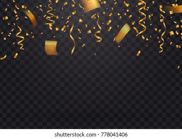 Golden flying confetti and particles on dark transparent background . Template of wide format for Holiday vector illustration