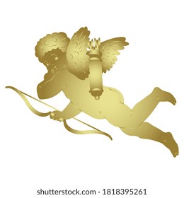 Golden flying Cupid with bow and arrows. God of love Eros. Baby Amur. Romantic symbol.