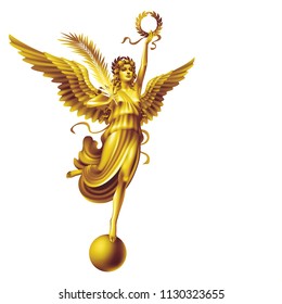 Golden flying goddess Nika with the attributes of peace and victory on a white background