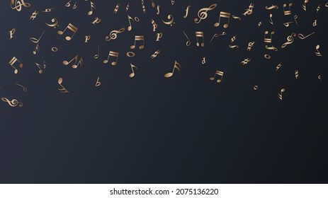 Golden flying music notes and symbols design on dark background. Banner for sound, song, presentation, audio. Modern elegant cover design.