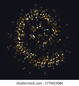 Golden flying musical notes and gold stars isolated on black. Musical signs for banner of festival, print design, melody recording. Musical notation symphony signs, notes for sound tune music. Vector