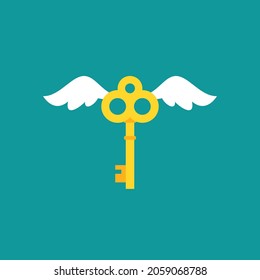 golden flying vintage key with wings icon. Vector illustration isolated on blue. Mystery, clue and magic symbol. Unlock, hint, tint and secret concept. Catch luck or help