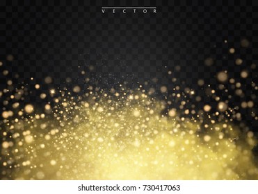Golden fog or smoke with glows, light and bokeh, golden sparks isolated on a transparent background special effect. Golden vector cloudiness, mist or smog background. Vector illustration