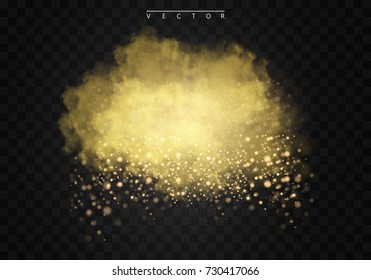 Golden fog or smoke with glows, light and bokeh, golden sparks isolated on a transparent background special effect. Golden vector cloudiness, mist or smog background. Vector illustration