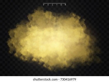 Golden fog or smoke isolated on a transparent background special effect. Golden vector cloudiness, mist or smog background. Vector illustration
